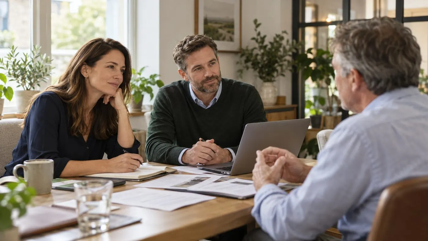 Two Mackay Goodwin advisers listening to a business owner across a meeting table