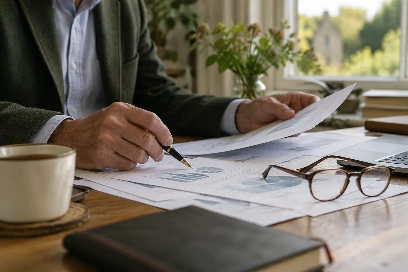 A director reviewing financial documents at a desk