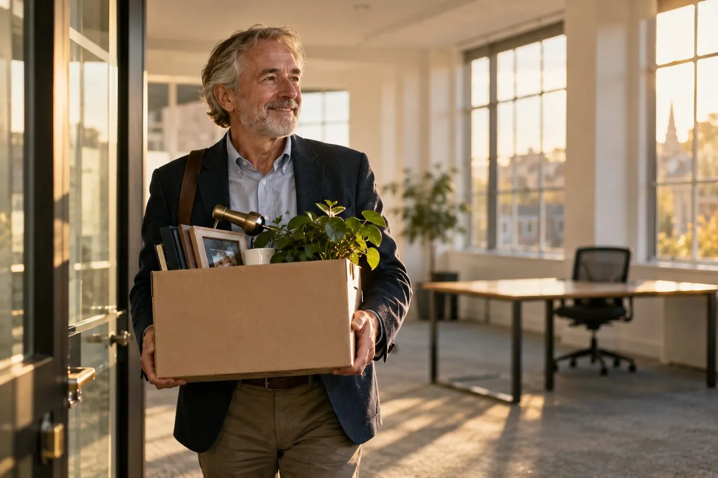 A smiling business owner carrying a box out of his office on his last day