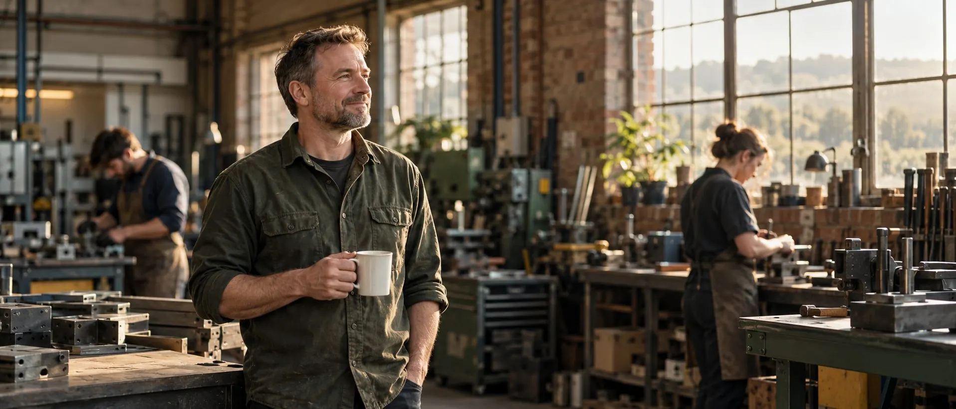 A business owner standing on his workshop floor while his team works behind him